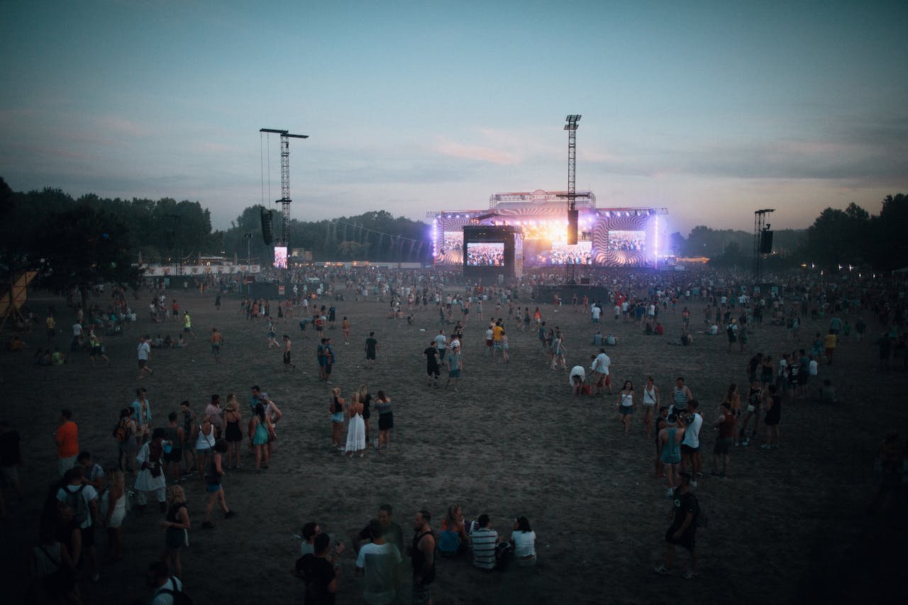 Vibrant outdoor concert scene with a lively crowd in Budapest during dusk.